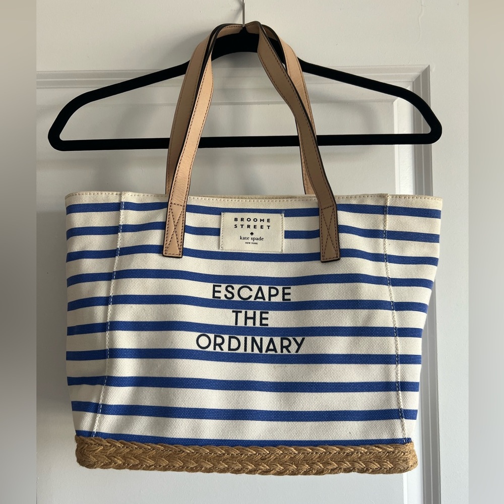 Kate Spade Blue and White Striped Tote with Tan Handles